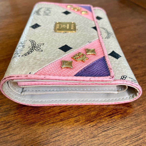 MCM Visetos Studded Trifold Wallet Paste Pink Purple - Picture 11 of 14